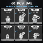 60Pcs Grease Fittings Kit, 1/4 & 1/8 Inch BSP Grease Zerk Fittings Assortment with 90 Degree, 45 Degree, and Straight Angle for Automotive, Tractors, and Industrial Machinery