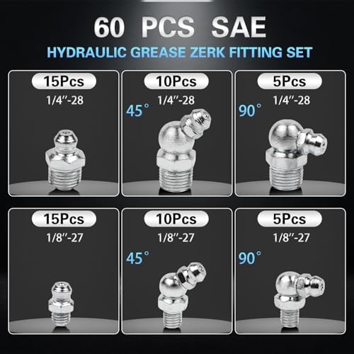 60Pcs Grease Fittings Kit, 1/4 & 1/8 Inch BSP Grease Zerk Fittings Assortment with 90 Degree, 45 Degree, and Straight Angle for Automotive, Tractors, and Industrial Machinery