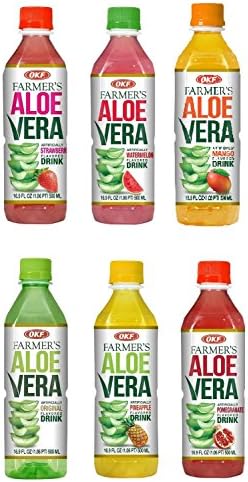 OKF Farmer's Aloe Vera Drink with Pulp Variety Pack includes Original, Pineapple, Mango, Watermelon, Pomegranate, and Strawberry.(6 Flavor Variety Pack, 12 Pack)
