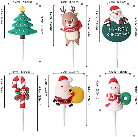 6 Pack Santa Claus Merry Christmas Cake Toppers Resin Little Figurine Cane Snowman Deer Christmas Tree Cake Topper Picks for Merry Christmas Theme Holiday Party Cake Decorations Supplies