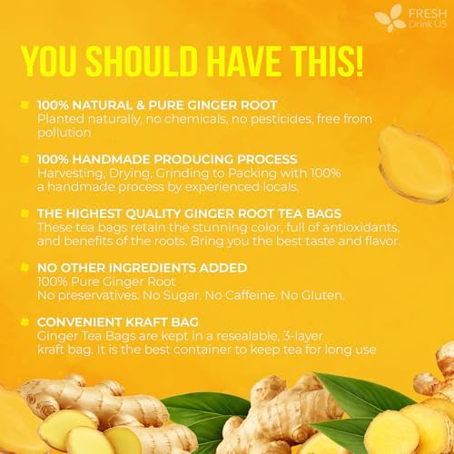 FreshDrinkUS, 150 Premium Ginger Tea Bags, Non GMO, 100% Natural & Pure from Ginger Root, Root Herbal Tea. No Sugar, No Caffeine, No Gluten, Vegan. Support Stronger Digestion, Pleasantly Spicy & Warming