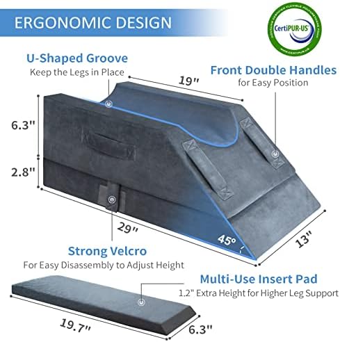 KingPavonini 4-Height Adjustable Leg Elevation Pillows for After Surgery, Injuries, or Rest, Memory Foam Leg Pillows for Sleeping with 3 Handles and Insert Pad, Washable Velvet Cover