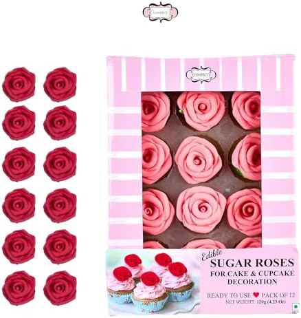 Confect Edible Rose Topper- French Rose Toppers – Pack of 12 Pink French Roses for Cakes, Cupcakes & Donuts – Vegan, Dairy-Free, Palm Oil-Free – Elegant Floral Decorations for Baking