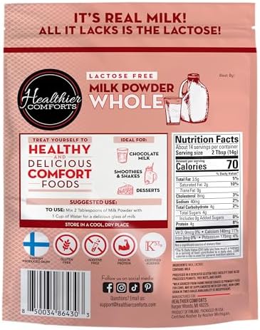 Healthier Comforts Lactose Free Whole Milk Powder | Non-GMO, rBST Hormone Free, Kosher, Gluten Free, No Fillers | Baking, Coffee Creamer, Shakes, Pantry Staple, Camping | Makes 14 cups (7 oz)