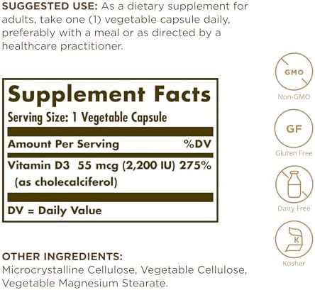 Solgar Vitamin D3 (Cholecalciferol) 55 mcg (2200 IU), 50 Vegetable Capsules - Helps Maintain Healthy Bones & Teeth - Immune System Support - Non-GMO, Gluten Free, Dairy Free, Kosher - 50 Servings