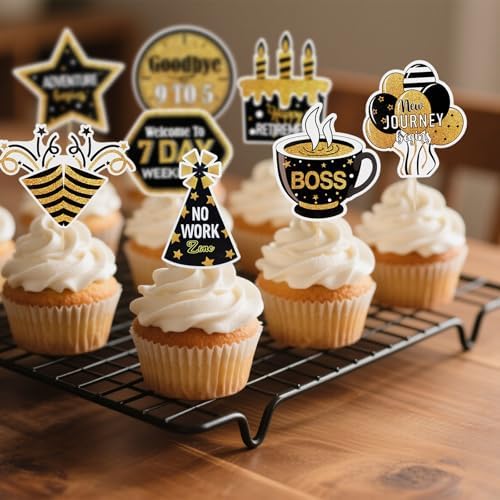 27 Pcs Happy Retirement Cupcake Toppers,NO DIY Retired Cupcake Picks Happy Retirement Theme Party Cake Decorations Gold Glitter,Birthday Cake Topper Supplies Retired Party Table Decorations Black Gold