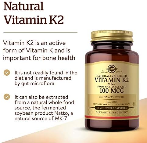 Solgar Naturally Sourced Vitamin K2 (MK-7) 100 mcg - 50 Vegetable Capsules - Supports Bone Health - Whole Food Source from Natto Extract - Non-GMO, Gluten Free - 50 Total Servings