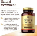 Solgar Naturally Sourced Vitamin K2 (MK-7) 100 mcg - 50 Vegetable Capsules - Supports Bone Health - Whole Food Source from Natto Extract - Non-GMO, Gluten Free - 50 Total Servings