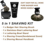 KIKC 5 in 1 Shaving Kit for Wet Shave, Set Includes Hand Crafted Pure Badger Shave Brush, Stainless Steel Lathering Soap Bowl, Shave Brush Stand, Shaving Cream, Best Gift for Bearded Man, Deluxe Black