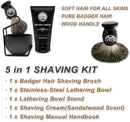 5 in 1 Shaving Kit for Wet Shave, Set Includes Hand Crafted Pure Badger Shave Brush, Stainless Steel Lathering Soap Bowl, Shave Brush Stand, Shaving Cream, Best Gift for Bearded Man, Deluxe Black