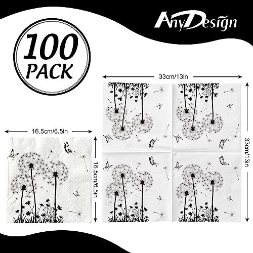 AnyDesign 100 Pack Dandelion Paper Napkins Disposable White Black Floral Luncheon Napkins Disposable Decorative Dinner Hand Napkin for Wedding Baby Shower Birthday Tea Party Supplies, 6.5 x 6.5 Inch
