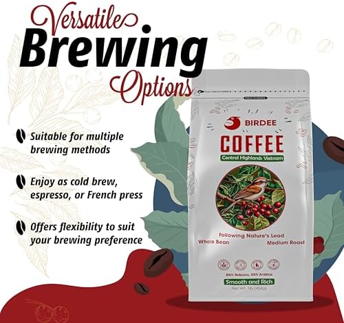 Birdee Vietnamese Coffee – 1 LB, Medium Roast Whole Bean, Arabica and Robusta, Hand-Picked, Resealable Bag, Smooth Flavor, Low Acid, High Caffeine, Single-Origin