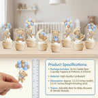 36 Pcs Blue Bear Cupcake Toppers - Baby Shower & Gender Reveal Party Decorations, "We Can Bearly Wait" Theme Cake Decor Supplies