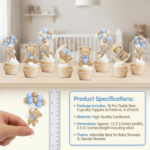 36 Pcs Blue Bear Cupcake Toppers - Baby Shower & Gender Reveal Party Decorations, "We Can Bearly Wait" Theme Cake Decor Supplies