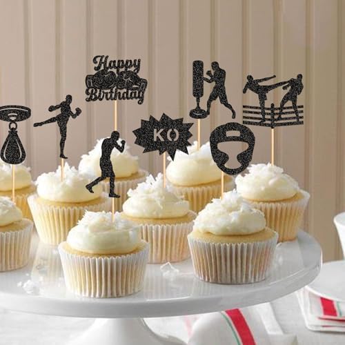Ercadio 32 Pack Boxing Player Cupcake Toppers Black Glitter Boxing Gloves Cupcake Picks Boxer Gym Theme Baby Shower Birthday Party Cake Decorations Supplies