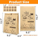 100 Pieces Paper Bread Bags for Homemade Breads, 13.7'' x 9.5'' x 3.5'' Large Kraft Sourdough Bakery Bag with 100 Stickers, Brown Food Packaging Storage Cookie Loaf Bags for Popcorn, Snack