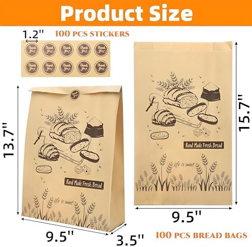100 Pieces Paper Bread Bags for Homemade Breads, 13.7'' x 9.5'' x 3.5'' Large Kraft Sourdough Bakery Bag with 100 Stickers, Brown Food Packaging Storage Cookie Loaf Bags for Popcorn, Snack