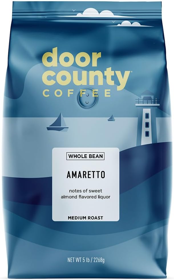 Door County Coffee Amaretto Flavored Coffee Whole Bean - 5lb Bag - Medium Roast - 100% Specialty Arabica - Gourmet - Sweet Almond Liquor Flavored