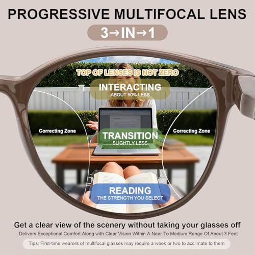 Distinctive Progressive Multifocus Reading Glasses Women, Retro Lady Anti Blue Light/Eye Fatigue Computer Reader, Vintage Round Frame No-Line Multifocal Eyeglasses (Brown&Apricot, 1.5x)
