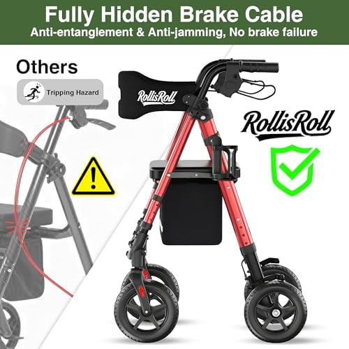Walkers for Seniors Taller 5.3~7ft, Lightweight Foldable Rollator Walker, Built in Cable, Reinforced Aluminum Frame, 8" Big Rubber Wheels for All Terrain, 350lb Weight Capacity, Burgundy