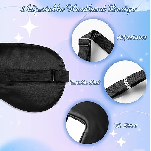 BBTO 8 Pcs Sleep Mask, Silk Eye Mask for Sleeping with Adjustable Strap, Blackout Sleeping Eye Blindfold Soft Silk Mask for Men Women Adults (Black)