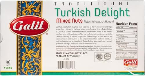 Turkish Delight Galil (Rahat Lokum) Mixed Nuts Flavor Gift Box – Authentic Traditional Turkish Dessert with Pistachios, Hazelnuts & Almonds, Handmade in Turkey, Soft Chewy Powdered Sugar Coated Lokum, Kosher & Vegan Gourmet Middle Eastern Candy, 16oz/454g