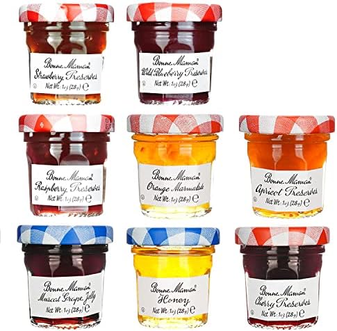 Bonne Maman Assorted Preserves - Strawberry, Apricot, Raspberry, Orange, Cherry, Honey, Grape, Blueberry - 8 jars x 1 oz