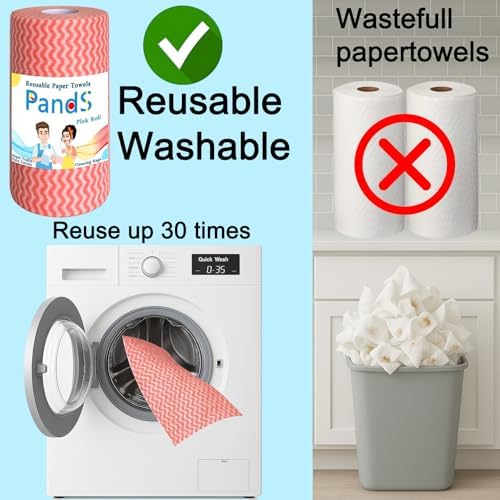 Reusable Paper Towels Washable, 60 Cts Disposable Kitchen Cloths for Cleaning Counters, Multi-Purpose, Pink Roll