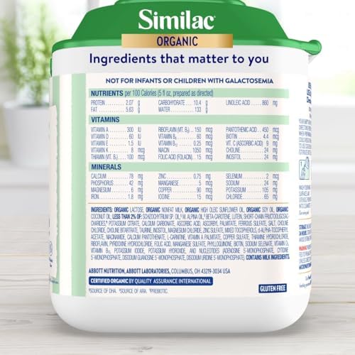 Similac Organic Infant Formula, Easy to Digest, USDA-Certified Organic, Powder, 20.6-oz Tub