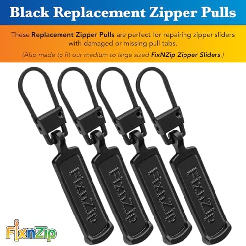 FixNZip Medium to Large Black Zipper Pull Replacements (4-Pack) | Universal Clip-On Pull Tabs for Zipper Repair, Sliders & Luggage, Jackets, Backpacks, Tents, Sleeping Bags & Outdoor Gear