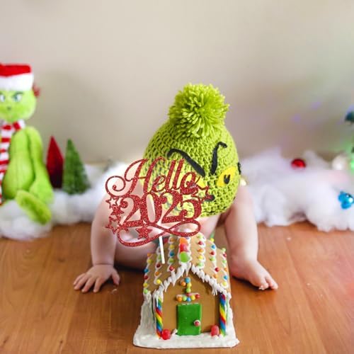 Hello 2025 Cake Topper - Winter Xmas Holiday Cake Decor, Merry Christmas, Welcome 2025 Santa Happy New Year Eve Party Decorations Supplies, Red Glitter