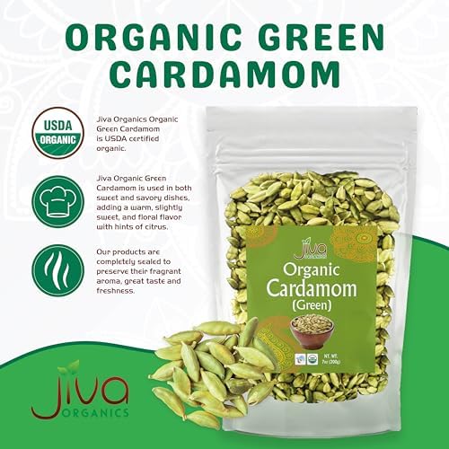 Jiva Organic Green Cardamom Pods Whole - Non-GMO, Premium Quality, Jumbo Size - 7 Ounce Bag
