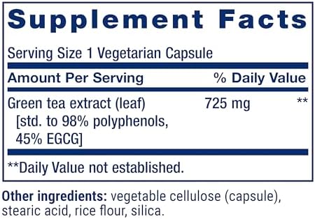 Life Extension Lightly Caffeinated Mega Green Tea Extract, Camellia sinensis Extract with Concentrated EGCG polyphenol Content, Gluten-Free, Non-GMO, Vegetarian, 100 Capsules