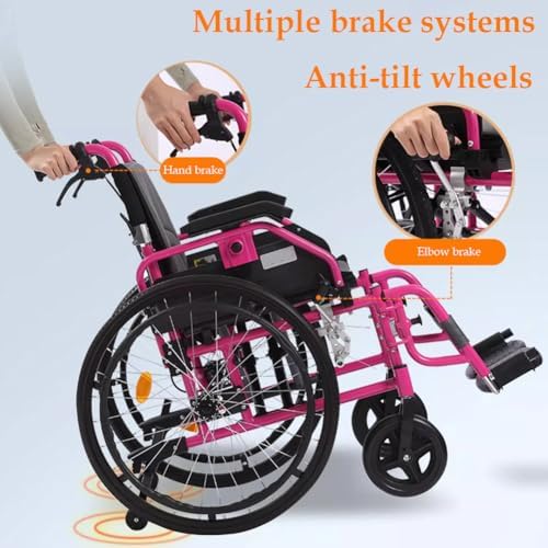 Lightweight Aluminum Alloy Wheelchair, Foldable Transport Wheelchair, Portable Self-Propelled Wheelchair, Ultralight Adult Wheelchair for Elderly Disabled People,Pink