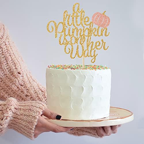 A Little Pumpkin is on Her Way Cake Topper, Baby Girl Fall Baby Shower 1st Birthday Party Decorations, Thanksgiving Fall Pumpkin Theme Party Cake Decorations Supplies Gold Glitter