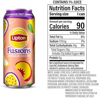 Lipton Fusions, Peach Passion Fruit Lemonade Iced Tea, 16 Fl Oz Cans (Pack of 12)