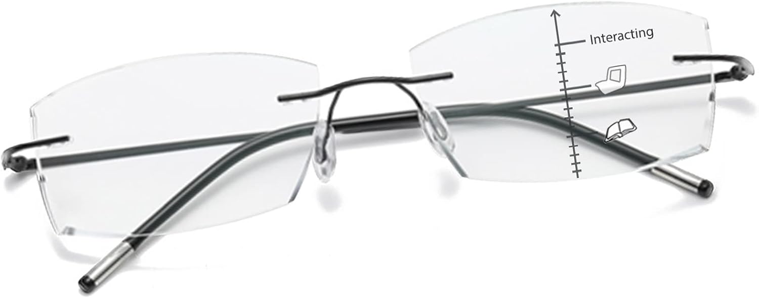 Photochromic Multifocal Progressive Reading Glasses For Women Men Blue Light Blocking Rimless Diamond Cut No Line Multifocus Readers Titanium Eyeglasses Uv Protection Transition Reader Glasses 2.0