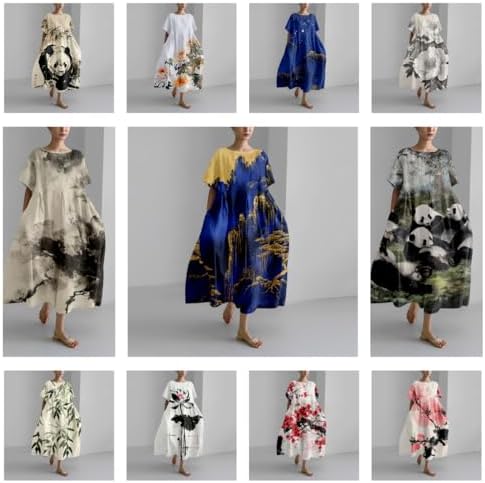 domirica Cotton Linen Dress Floral Print Casual Loose Short Sleeve Crew Neck Maxi Ladies Flowy Summer Long Dresses