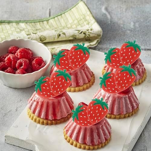60 Pack Edible Sweet Strawberry Cupcake Toppers Rice Paper Wafer Paper First Birthday Strawberry Cake Picks for Fruit Baby Shower Berry Sweet Kids Birthday Cake Decorations