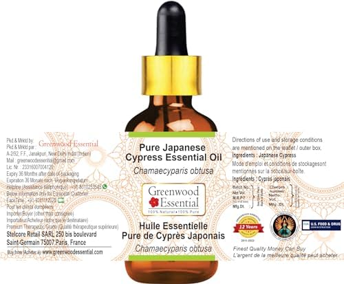 Greenwood Essential Japanese Cypress Essential Oil (Chamaecyparis obtusa) with Glass Dropper | Pure | Non-Sticky | Non-Greasy | Lightweight | Unisex | All Skin Types | Steam Distilled 10ml (0.33 oz)