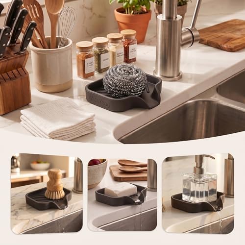 MicoYang Silicone Bathroom Soap Dishes with Drain Spout-Bathroom and Kitchen Sink Organizer,Sponge Holder,Dish Soap Tray,Perfect for Dispenser,Scrubber,Bottle,Cup on Sink or Counter-Coffee 4.9"×3.2"