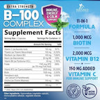 B Complex Vitamins Capsules - Super Complete B-Complex with Vitamin B12 B6 B100 C Biotin Folate & Folic Acid for Immune & Energy Support - Supplement for Heart, Brain, & Nerve Support - 120 Capsules