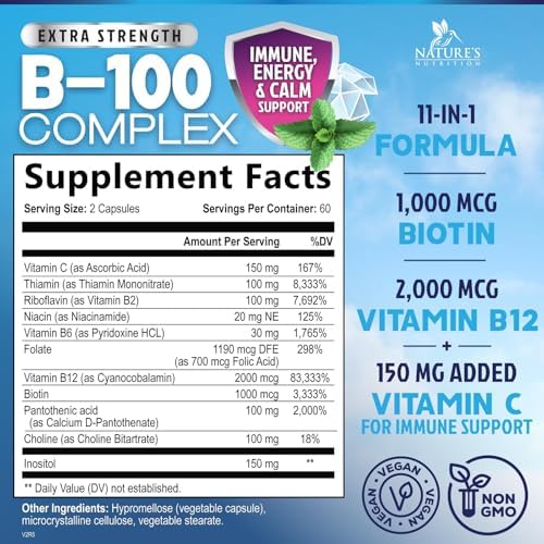 B Complex Vitamins Capsules - Super Complete B-Complex with Vitamin B12 B6 B100 C Biotin Folate & Folic Acid for Immune & Energy Support - Supplement for Heart, Brain, & Nerve Support - 120 Capsules