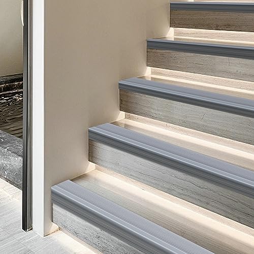 Trimold Vinyl Anti-Slip Stair Nosing, Self Adhesive Non-Slip Staircase Step, Flexible Rubber Treads Edge Protector Molding Trim for Outdoor & Indoor Uses (16.4ft, Gray)