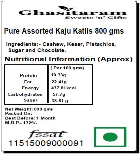 Ghasitaram Gifts Indian Sweets - Diwali Gifts Sweets- Pure Assorted Kaju Katlis 800 GMS