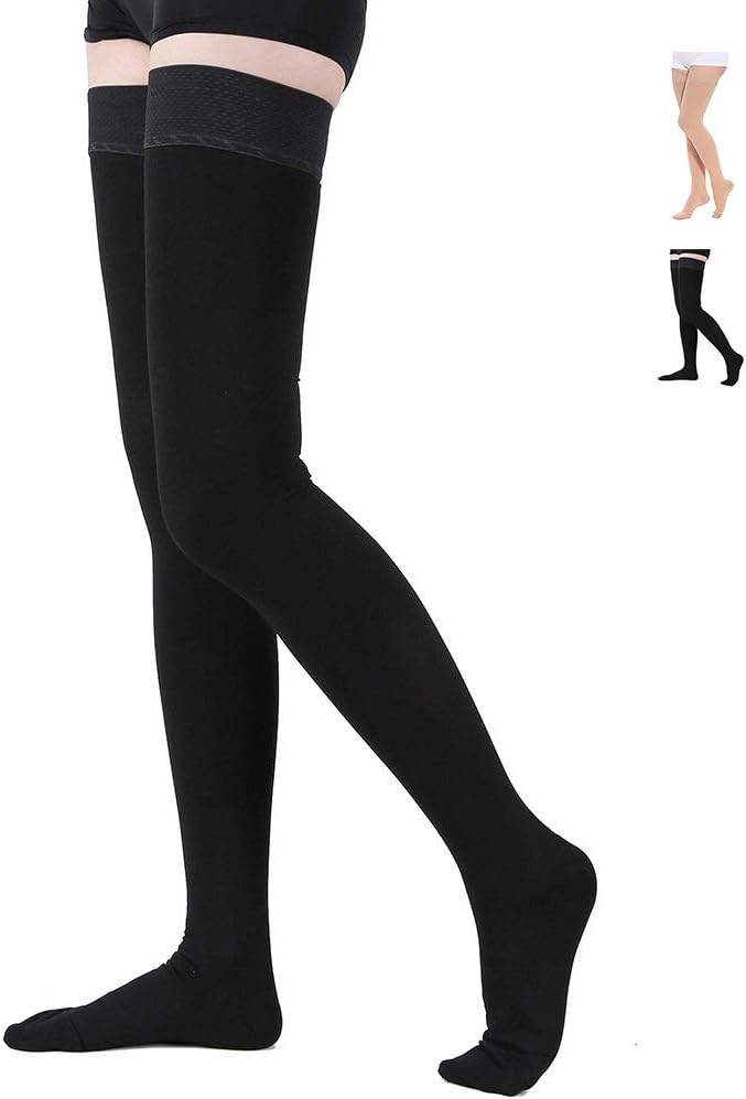 TOFLY® Medical Thigh High Compression Stockings for Women & Men, Closed Toe, Opaque, Firm 20-30mmHg Graduated Compression Socks with Silicone Band, Support for Varicose Veins, Edema, Travel,Black XL