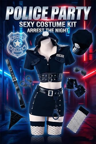 sexy police lingerie for women costume outfit anime Cosplay Cop officer Uniform Underwear woman Roleplay PU Leather Skirt Halloween Top Dress set with hat belt Stocking Black