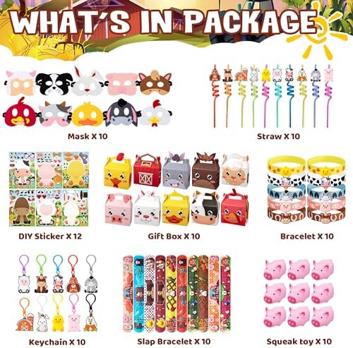 Farm Animals Birthday Party Favors Set 82 PCS Barnyard Animal Masks Sticker Keychains Straw Slap wristbands Rubber Pigs Gift for Kids Birthday Party Baby Shower Goodie Bag Filles Supplies