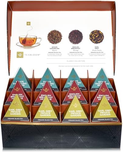 Teabloom Classic Black Teas – Organic Assortment with 12 Plant-Based Pyramid Sachets, Earl Grey, Darjeeling & English Breakfast, Elegant Presentation Box for Tea Enthusiasts