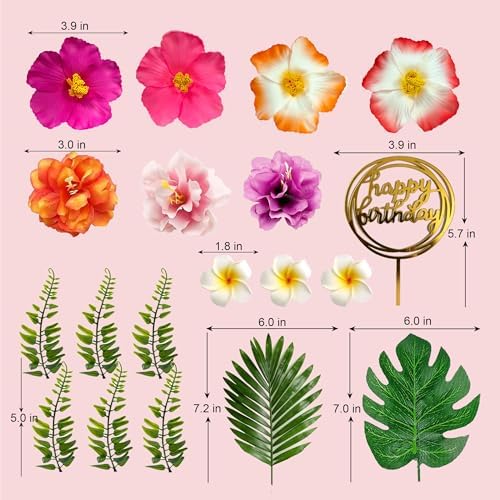 Hawaiian Cake Decorations Tropical Cake Toppers with Hibiscus Flower Palm Leaves Cake Decor for Summer Flamingo Aloha Beach Birthday Themed Party Supplies